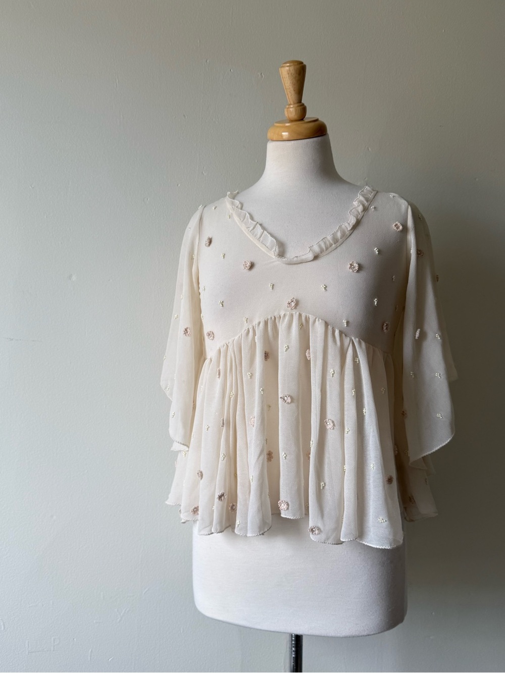 Vintage Cottagecore Embellished Sheer Blouse Cream Floral Beaded Top XS/S